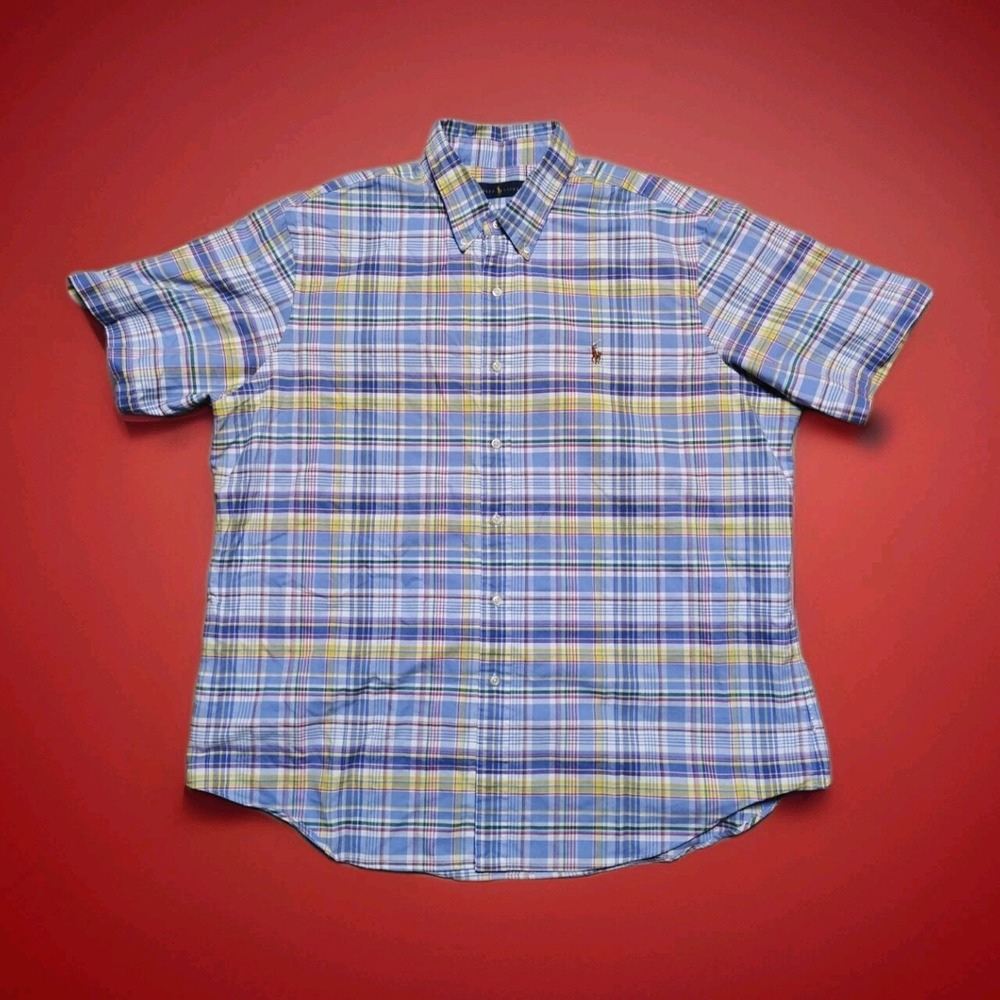 Ralph Lauren Casual Shirt Men XXL Button Up Plaid Madras Multi Color Flesh Pony